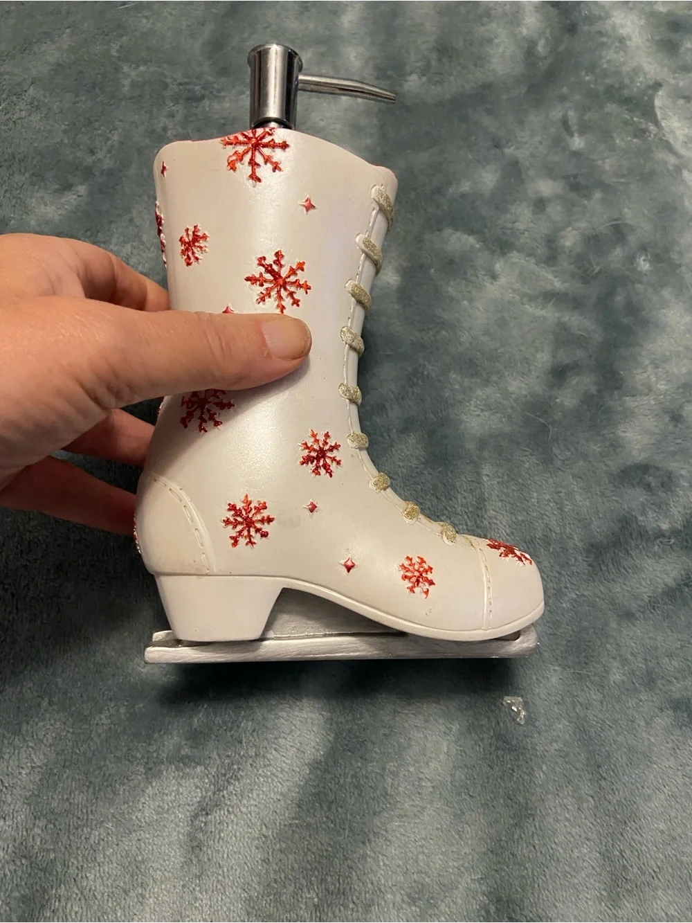 Holiday White Boot Soap Dispenser with Red Snowflake Accents